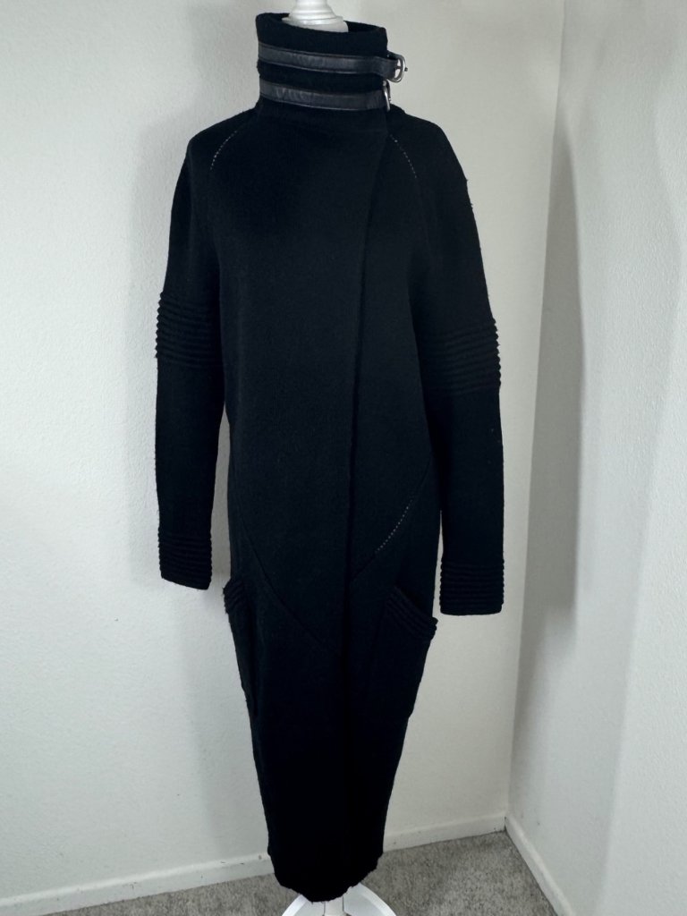 Skingraft Jonny Coto Sweater Black Wool Sz M Longline Cardigan Leather Buckle